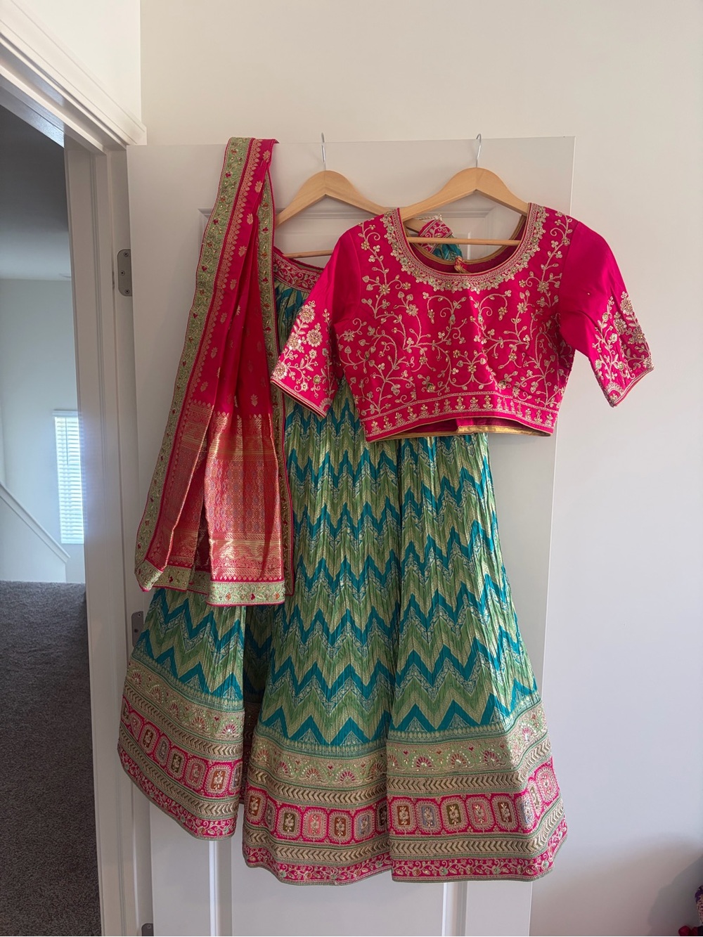 Pink and Green Embroidered Lehenga Set